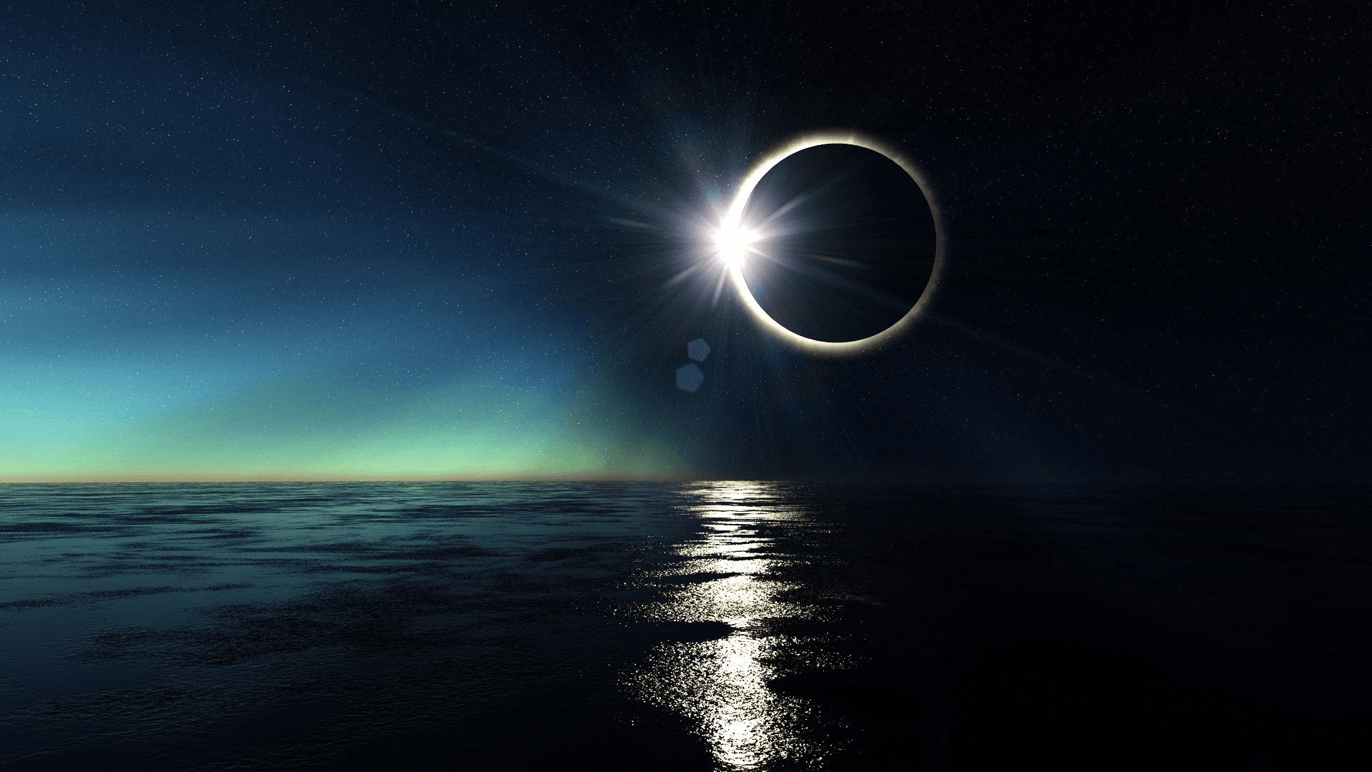 Éclipse solaire totale au-dessus de l'océan, couronne lumineuse